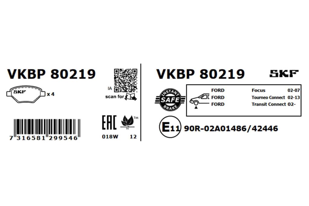 Jeu de 4 plaquettes de frein SKF ref. VKBP 80219